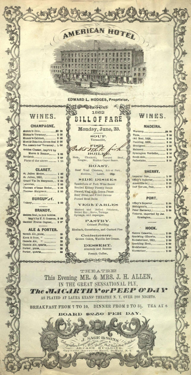 Ein altes Buch mit dem Titel "American Hotel Bill of Fare aus 1862", das ein Gebäude auf dem Cover zeigt und die Angebote des Restaurants beschreibt.