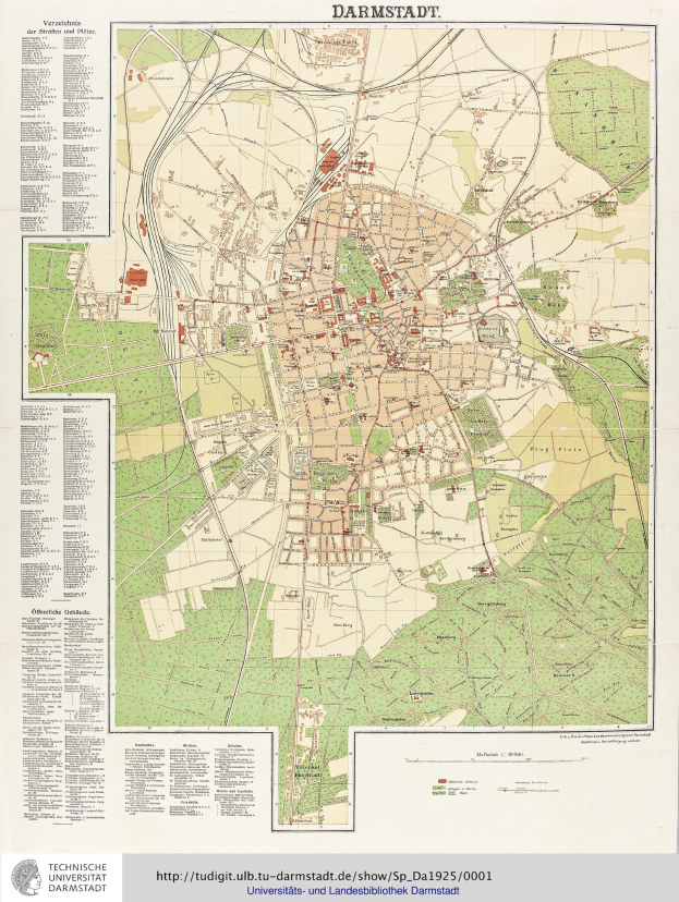 Ein detaillierter alter Stadtplan von Darmstadt, Deutschland, der Straßen, Gebäude und Sehenswürdigkeiten mit Texten zeigt, die Informationen über die Bevölkerung, Sehenswürdigkeiten und Straßen der Stadt liefern.