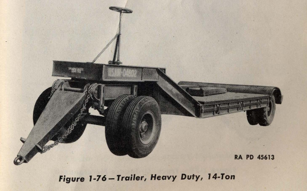 Schwarzes und weißes Foto eines Schwerlastanhängers mit 14-Tonnen-Kapazität und Textdetails am unteren Rand.