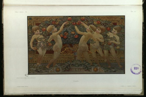 Ein Buchumschlag mit einem leuchtenden Gemälde von lachenden Kindern in bunten Kleidern, die mit Äpfeln spielen, vor einem schwarzen Hintergrund.