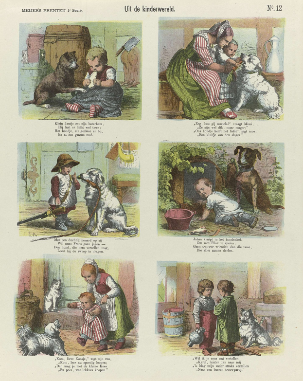 Ein Buchseitenbild mit Kindern in bunter Kleidung, verschiedenen Hunderassen und kursivem Text innerhalb eines verzierten Rahmens.