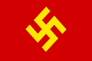 Ein roter Hintergrund mit einem gelben Hakenkreuz, einem Symbol der NSDAP, in der Mitte des Bildes.