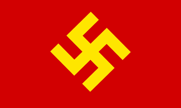 Ein roter Hintergrund mit einem gelben Hakenkreuz, einem Symbol der NSDAP, in der Mitte des Bildes.