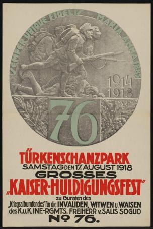 Plakat zum 70-jährigen Jubiläum des Kaiser-Huldigungsfestes in Berlin, Deutschland, mit einer Gruppe von Menschen in der Mitte, die von Text und Zahlen umgeben sind und in einem klassischen Photo-Rahmen eingefasst sind.