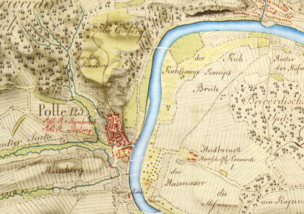 Ausführliche alte Karte von Polle, Deutschland, mit einem Fluss, Straßen und markierten Gebäuden.
