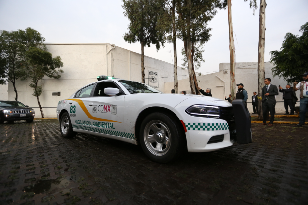 Ein weißer Polizeiwagen steht vor einem Gebäude in Mexiko-Stadt, umgeben von einer Gruppe von Menschen in verschiedenen farbigen Käpfen und Kleidern, mit Bäumen und einem klaren blauen Himmel im Hintergrund.
