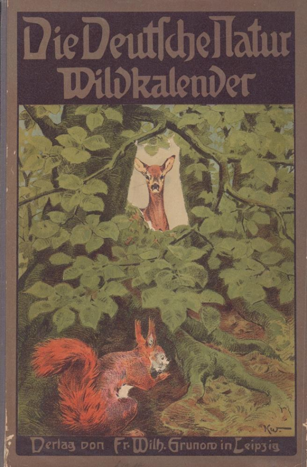 Ein Buchumschlag mit einer Illustration eines Rehs und eines Eichhörnchens in einem Waldgebiet, auf dem der Titel "Die Deutsches Hatur Wildkalender" lesbar ist.