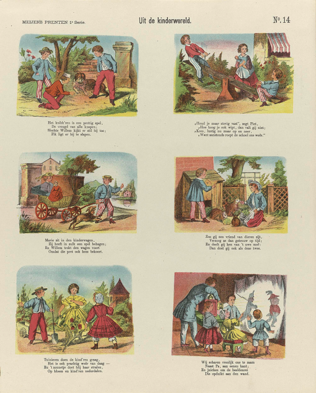 Ein aufgeschlagenes Buch mit Illustrationen von Kindern, die im Park spielen, umgeben von Bäumen, Gebäuden und einem Wagen, mit begleitendem Text.