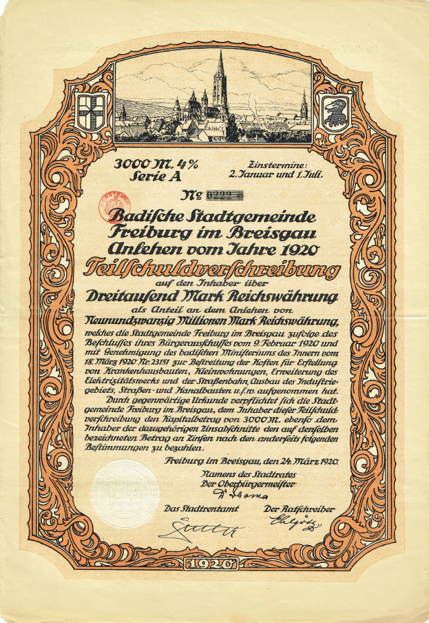 Altes deutsches Wertpapier mit einer Illustration einer Stadt, mit Text, der seinen Ursprung angibt.