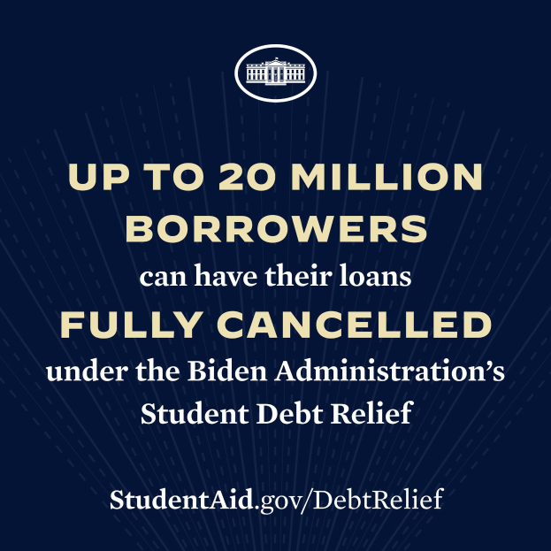 Plakat mit Text und einem Logo, das besagt: "Bis zu 20 Millionen Kreditnehmer können ihre Kredite unter dem Kreditentlastungsprogramm der Biden-Regierung vollständig storniert werden."