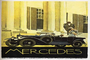 Vintage-Mercedes-Benz-Plakat aus den 1920er Jahren mit einem klassischen Auto vor einem modernen Glasgebäude mit zwei Personen im Auto und fetter schwarzer Schrift, die unten 'Mercedes-Benz' lautet.