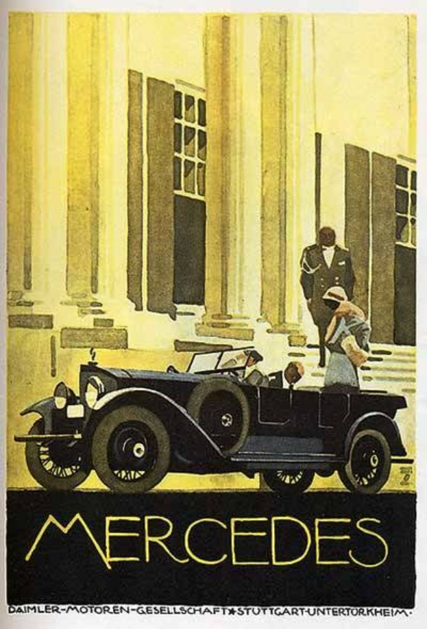 Vintage-Mercedes-Benz-Plakat aus den 1920er Jahren mit einem klassischen Auto vor einem modernen Glasgebäude mit zwei Personen im Auto und fetter schwarzer Schrift, die unten 'Mercedes-Benz' lautet.