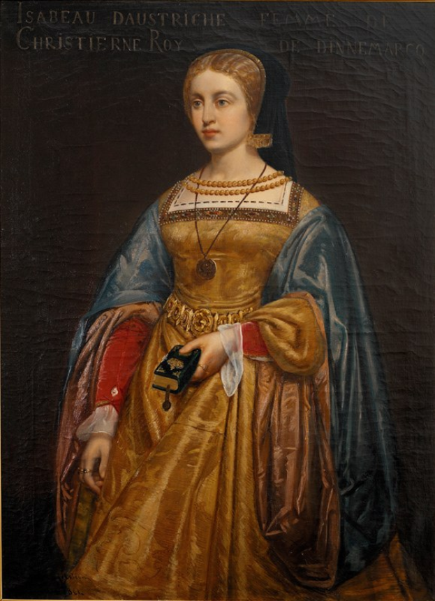Gemälde von Isabella daustriche in einem goldenen Kleid mit detaillierten Verzierungen, ihr Haar zu einem ordentlichen Knoten gebunden, mit einem majestätischen Gesichtsausdruck, gemalt von Christierne Roy.
