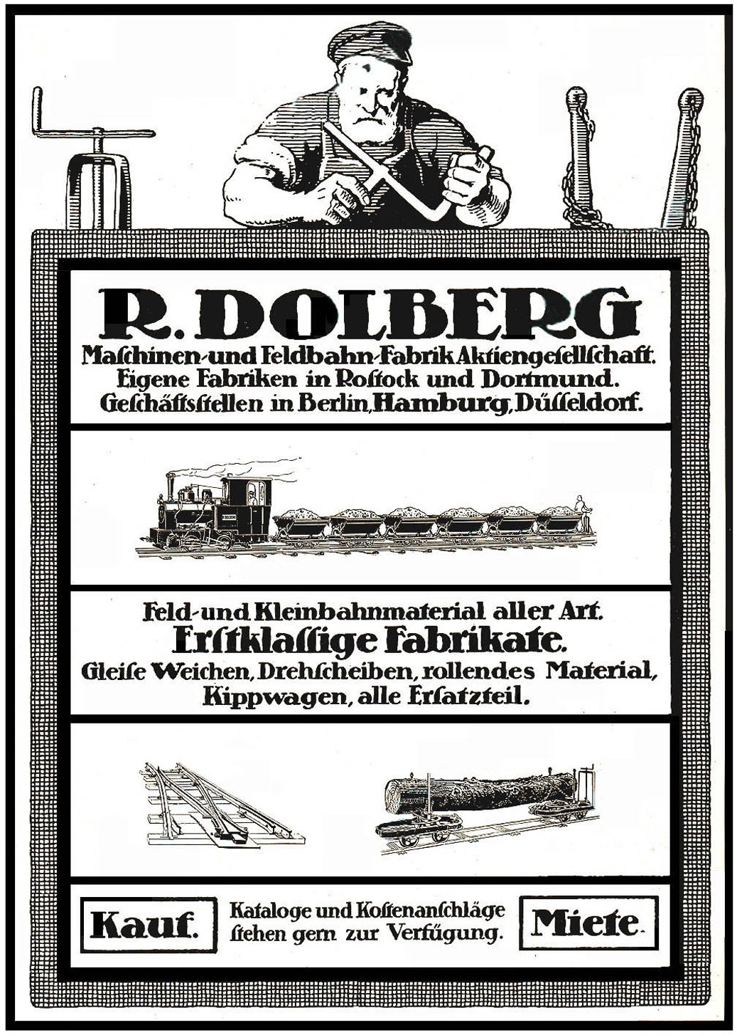 Werbung für die Fabrik von R.D. Dolberg in Hamburg, Deutschland, mit Text und Bildern einer Person, eines Zugs und anderer Gegenstände.