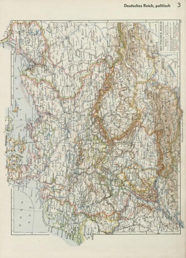 Eine Karte von Deutschland aus dem 19. Jahrhundert, die die politischen Grenzen des Landes zeigt, gedruckt auf altem Papier mit Text oben und unten.