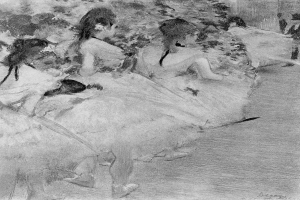 Eine Schwarz-Weiß-Zeichnung einer Gruppe von Tänzern in einem Studio, mit einer Person in der Mitte, alle tragen bunte Tutus und Spitzenschuhe, vor einem unscharfen Hintergrund mit Text unten.