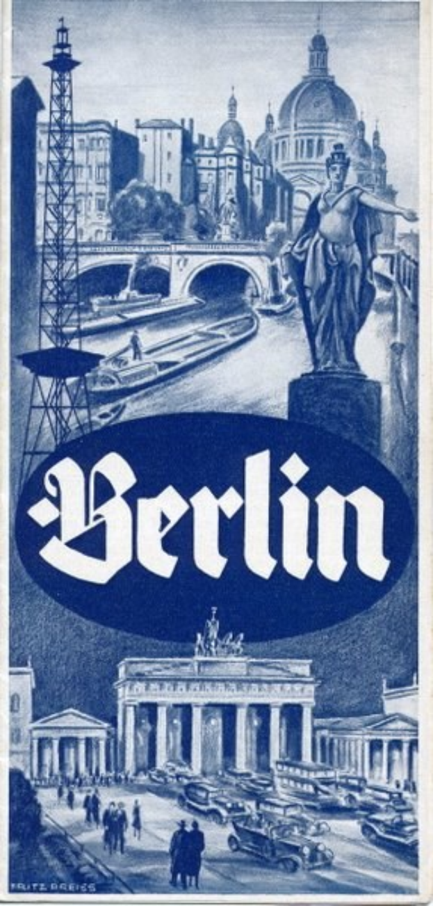 Ein buntes Plakat, das Berlin, Deutschland, bewirbt, mit einer Statue, Gebäuden, einem Turm, Menschen, Fahrzeugen und einer Brücke.
