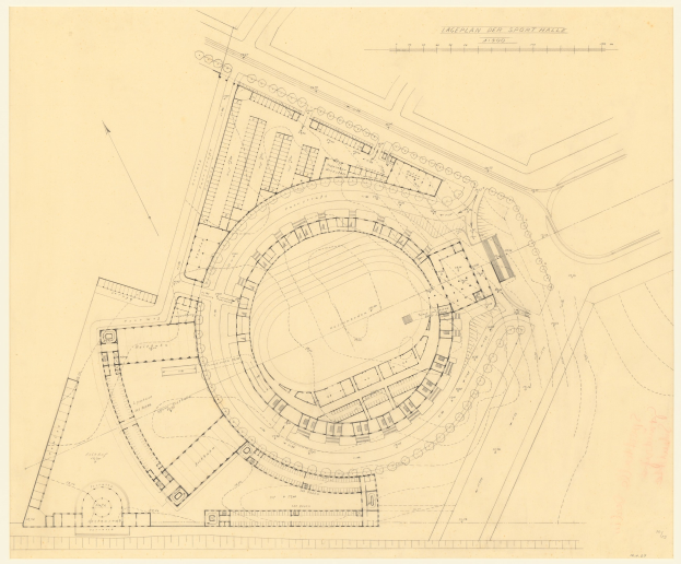 Schwarz-weißer Architekturentwurf eines Stadiongrundrisses mit umliegenden Gebäuden, betitelt als die geplante Sporthalle in London, einschließlich handschriftlicher Anmerkungen.