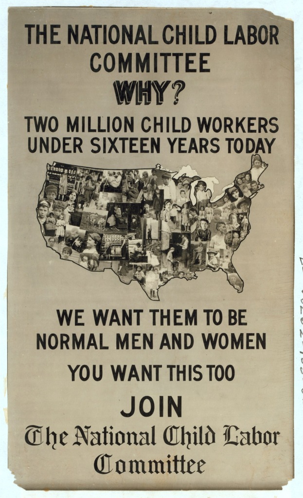 Plakat mit der Aufschrift "Nationaler Ausschuss für Kinderarbeit: Warum? Zweieinhalb Millionen Kinderarbeiter unter sechzehn Jahren heute" mit einer Karte der USA und menschlichen Figuren, die Ausschussmitglieder darstellen.
