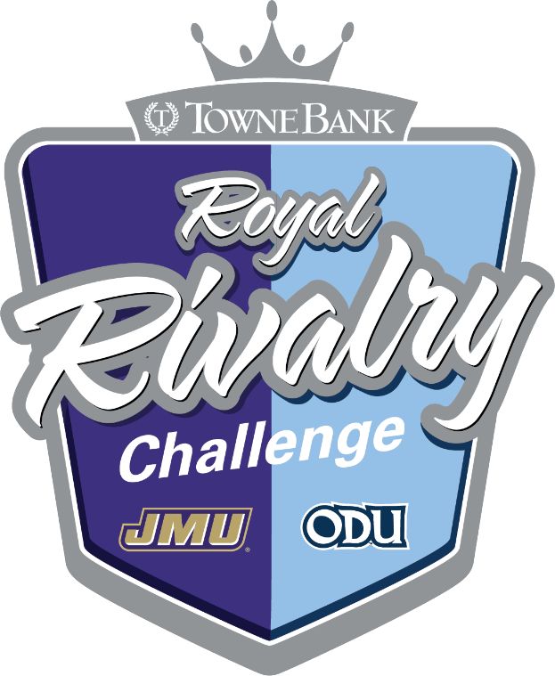 Ein Logo mit den Worten "Towne Bank Royal Rivalry Challenge" in fetter, schwarzer Schrift auf einem weißen Hintergrund, das ein blaues und weißes Schachbrett-Kronen-Symbol mit einer blauen Schleife und einer weißen Umrandung zeigt, alles zentriert und von einem weißen Rand umgeben.