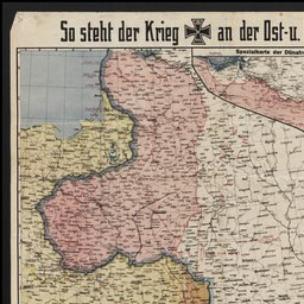 Ein gerahmtes Deutschlandkarte mit dem Text "So Steht der Krieg an der Ost-U" darauf.
