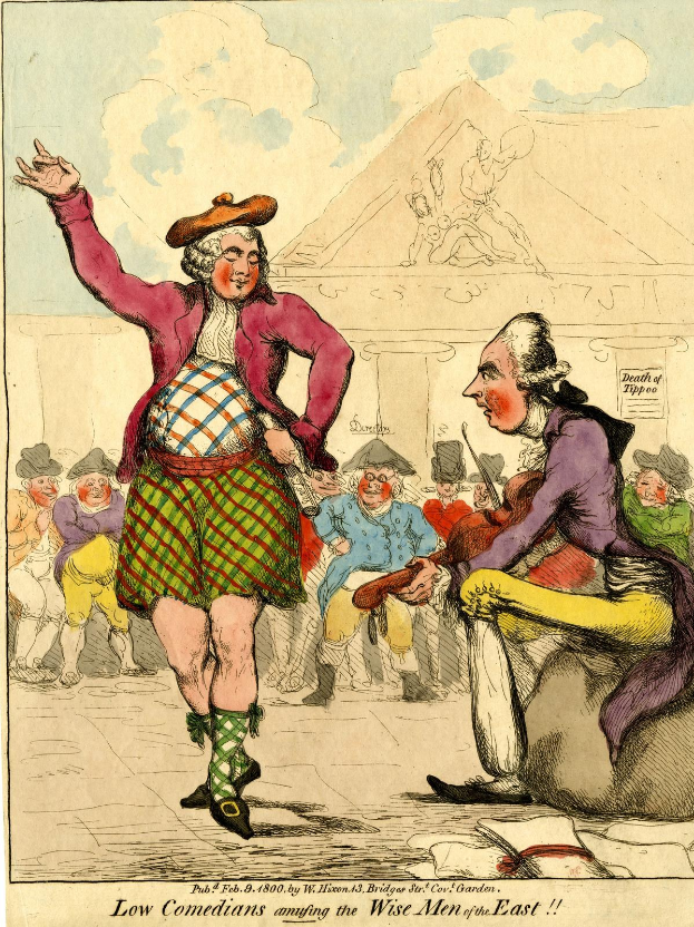 Zeichnung eines Mannes in einem Kilt und einer Frau in einem Kleid, die vor einer Menge stehen, mit einem Gebäude und Wolken im Hintergrund und Text unten, der 'Niedrige Komiker amüsieren die weisen Männer des Ostens' lautet.