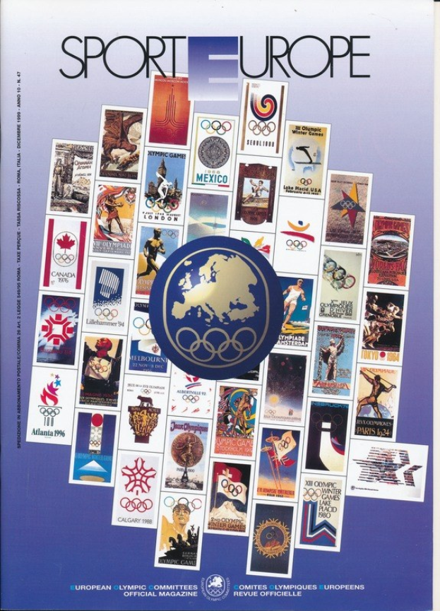 Ein Buchumschlag mit dem Titel "Sporting Europe", der farbenfrohe olympische Bilder, Symbole und Texte in komplexen Designs zeigt.