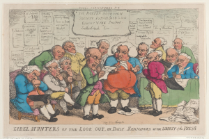 Eine Gruppe von Menschen sitzt um einen Tisch, einer hält ein Papier in der Hand, mit verstreuten Papieren und Gegenständen auf dem Tisch und Text unten, der "Libel Hunters on the Look Out, or Daily Examiners of the Liberty of the Press" lautet.