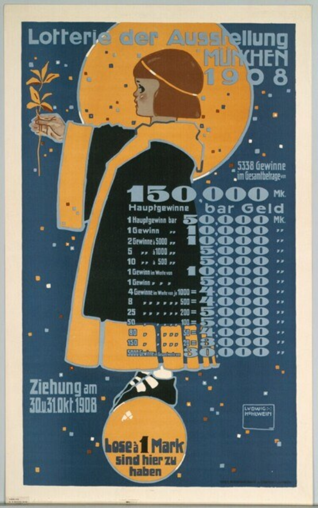 Ein Plakat an einer Gebäudewand zeigt eine Frau mit einer Blume und Text sowie Zahlen, wahrscheinlich eine Lotteriewerbung.