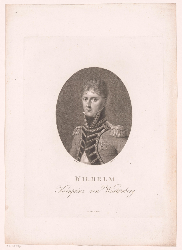 Schwarzes und weißes Porträt von Wilhelm, dem Kaiser von Deutschland, in einer Militäruniform mit Text unten.