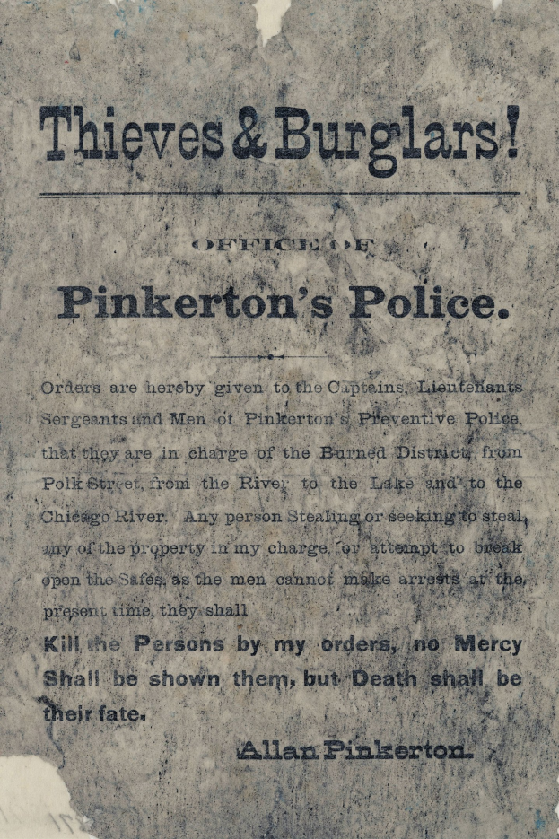 Plakat mit fetter schwarzer Schrift "Thieves & Burglars Pinkerton's Police" auf weißem Hintergrund eingerahmt von einem schmalen schwarzen Rand.