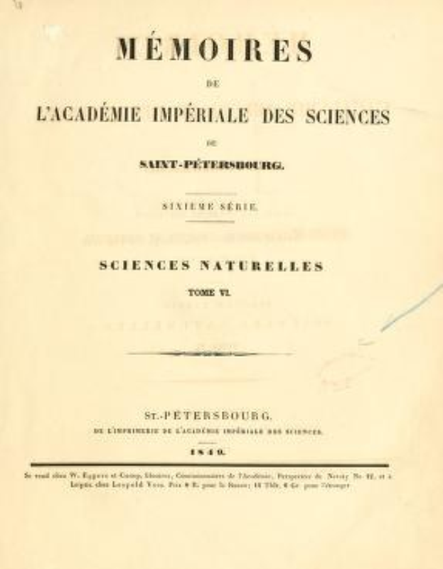 Altes Buch mit dem Titel "Mémoires de l'Académie Impériale des Sciences Naturelles, Tome 2" mit gelblichen Seiten und geschwungener Schrift.