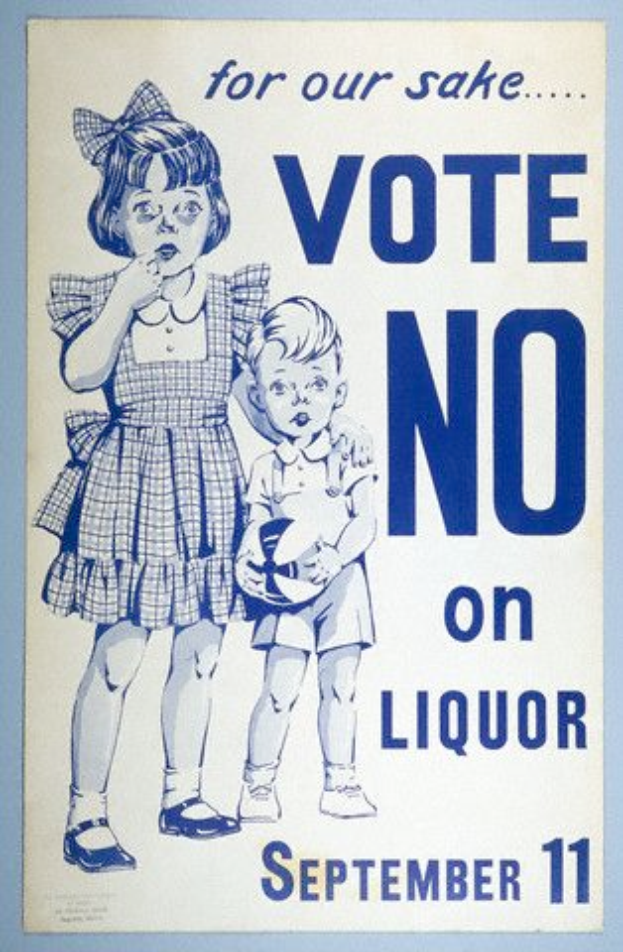 Ein Plakat an einer Wand mit zwei Kindern nebeneinanderstehend, eines hält einen Ball und die Schrift "Stimme gegen Alkohol" in fetter, schwarzer Schrift.