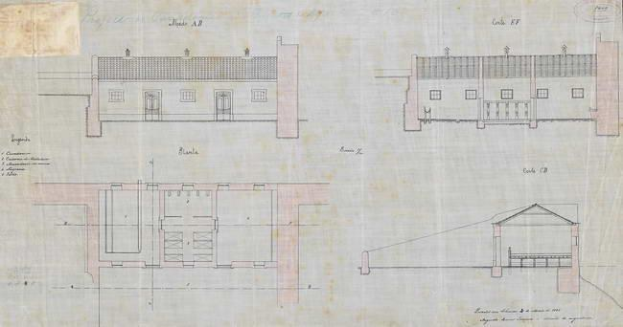 Ein detailliertes architektonisches Drawing eines mehrfenstrigen Schulgebäudes mit umliegenden Grundrissen und Textanmerkungen.