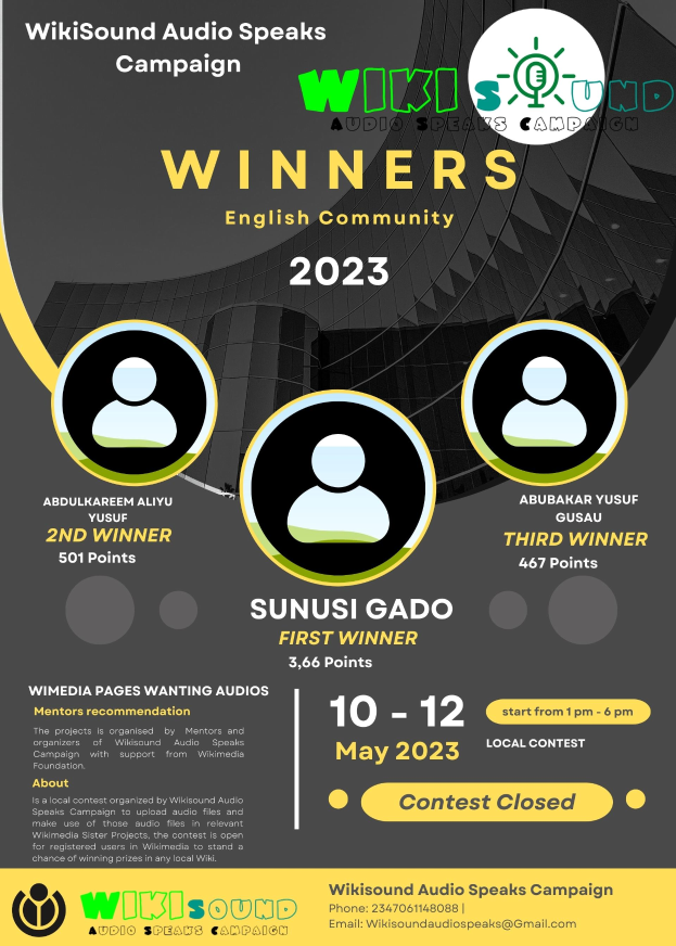 Ein buntes Plakat mit einem blauen Hintergrund und gelben und weißen Buchstaben, die in fetter Schrift "Sieger" lesen, mit lachenden Menschen in der Mitte.