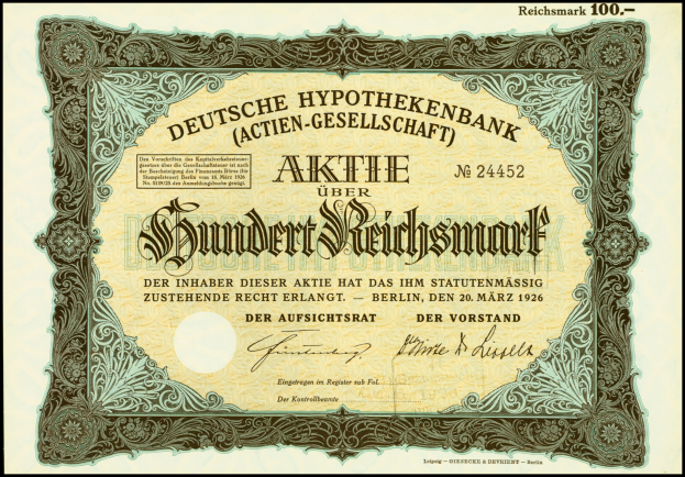 Eine alte deutsche Banknote mit schwarzem Rand, die ein Porträt eines Mannes und den Text "Deutsche Hypothekenbank Aktiengesellschaft" zeigt.