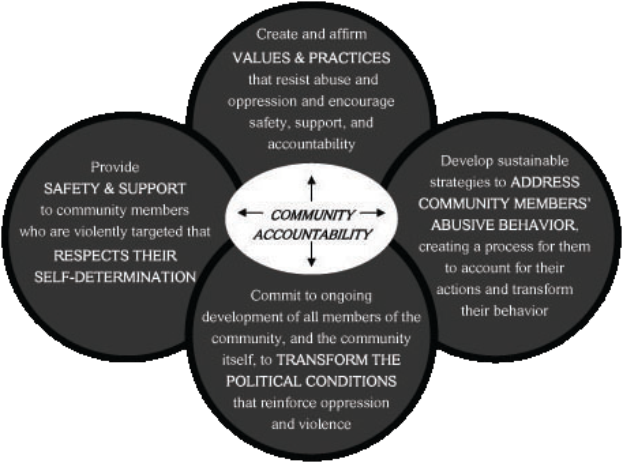 Ein Kreis mit "community accountability" in der Mitte, umgeben von drei sich überschneidenden Kreisen, die durch Pfeile verbunden sind, alles in fetter, heller, leuchtender Schrift.