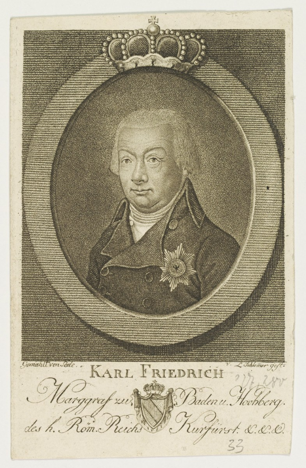 Porträt von Karl Friedrich Friedrich, König von Deutschland, mit Krone und einem Blatt Papier in der Hand, mit ernstem Gesichtsausdruck.