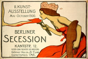 Plakat aus dem Jahr 1900, das eine Berliner Sezession ankündigt und eine Frau in einem roten Kleid zeigt, die ein Objekt mit Text hält.