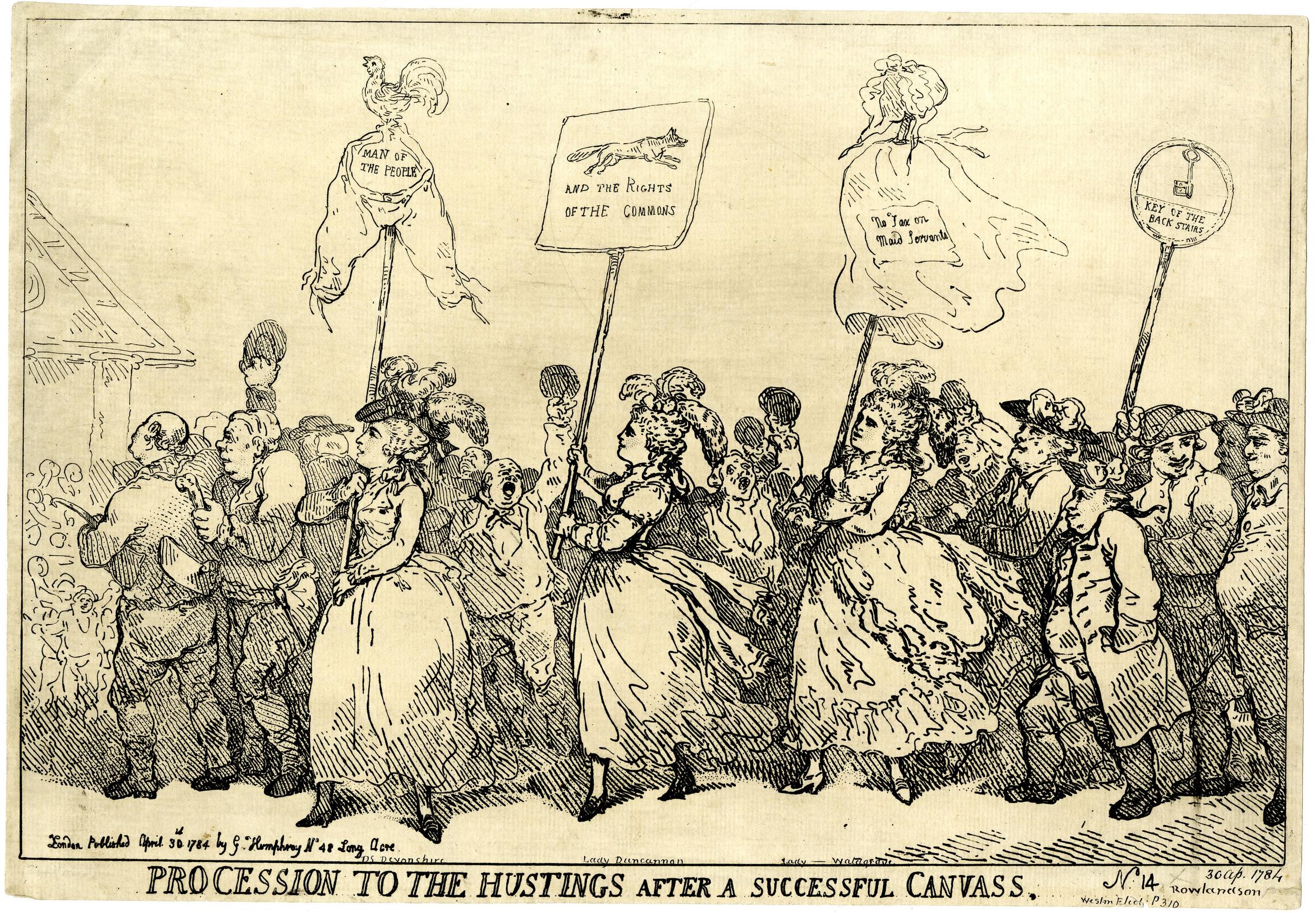 Eine Papiertusche mit einer Darstellung einer Menge von Menschen, die Schilder mit Text halten, betitelt "Prozession zum Hustings nach einem erfolgreichen Canvas".