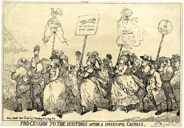 Eine Papiertusche mit einer Darstellung einer Menge von Menschen, die Schilder mit Text halten, betitelt "Prozession zum Hustings nach einem erfolgreichen Canvas".