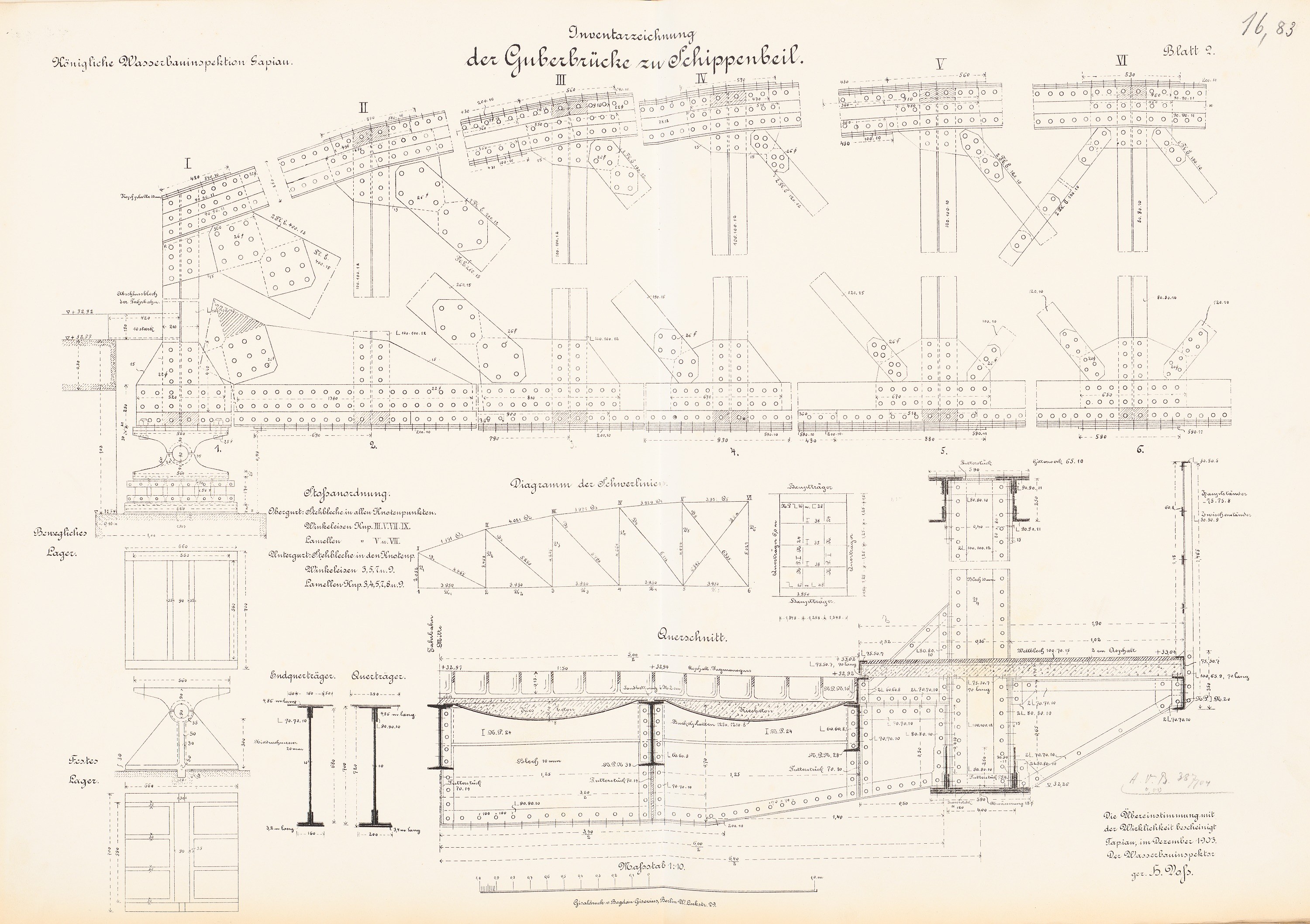 Altes Buch mit einer detaillierten Zeichnung einer Brücke auf dem Cover, das strukturelle Pläne und Text enthält.