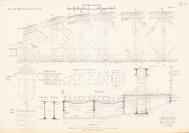 Altes Buch mit einer detaillierten Zeichnung einer Brücke auf dem Cover, das strukturelle Pläne und Text enthält.