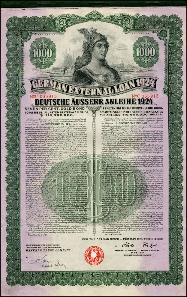 Altes deutsches Außenkredit-Dokument aus dem Jahr 1924 mit einem Porträt einer Frau, bedrucktem Text und numerischer Benennung.