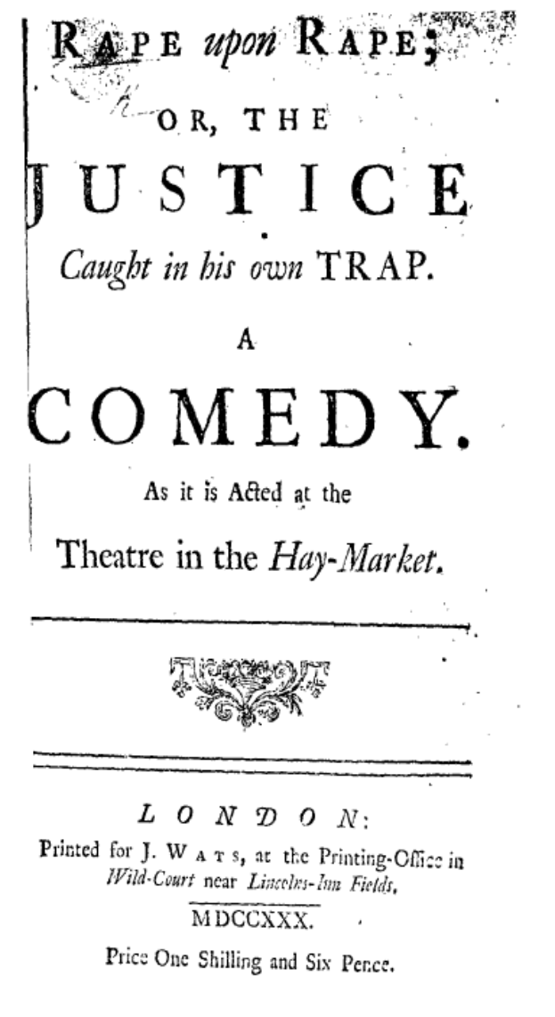 Ein Schwarz-Weiß-Plakat mit fetter, schwarzer Schrift, auf dem "Vergewaltigung auf Vergewaltigung oder die Justiz in ihrer eigenen Falle" steht, wahrscheinlich Ankündigung einer Comedy-Show.