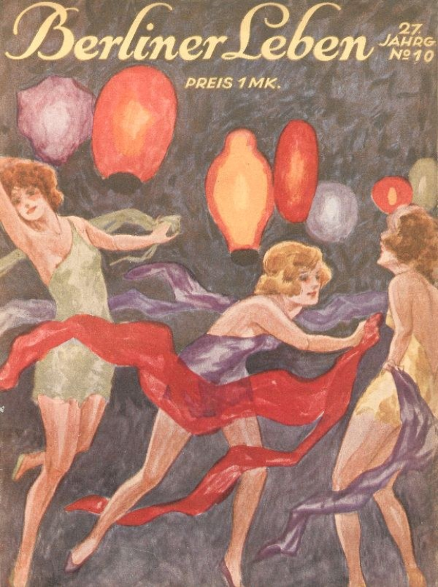 Cover des 'Berliner Leben'-Magazins mit einem Bild von drei tanzenden Frauen in bunten Kleidern und umgeben von bunten Ballons verschiedener Gr├Â├čen und Farben.