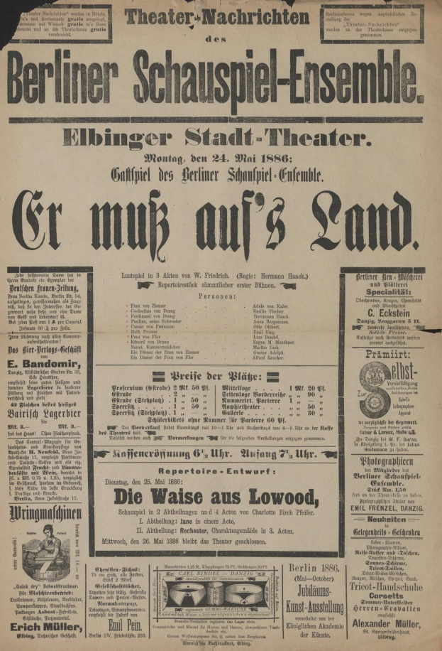 Schwarze-weiße Zeitungsanzeige aus dem Jahr 1866 für das Berliner Schauspiel-Ensemble, das einen Mann in Anzug und Krawatte zeigt.