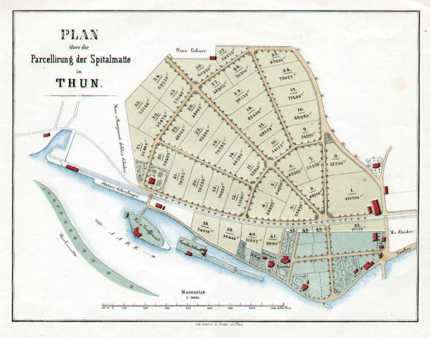Ausführliche alte Karte von Thun, Deutschland, zeigt Straßen, Gebäude und Sehenswürdigkeiten mit begleitendem Text.