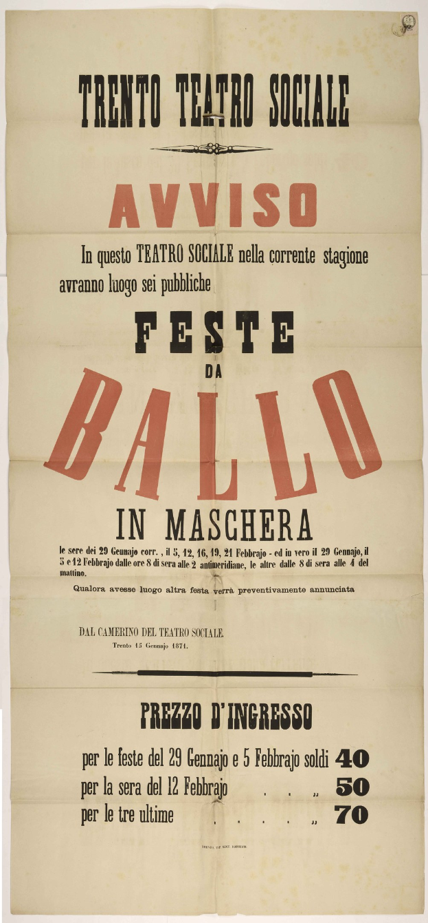 Plakat, das ein Festival in Maschera, Italien, ankündigt, mit Text, der das Ereignis beschreibt.