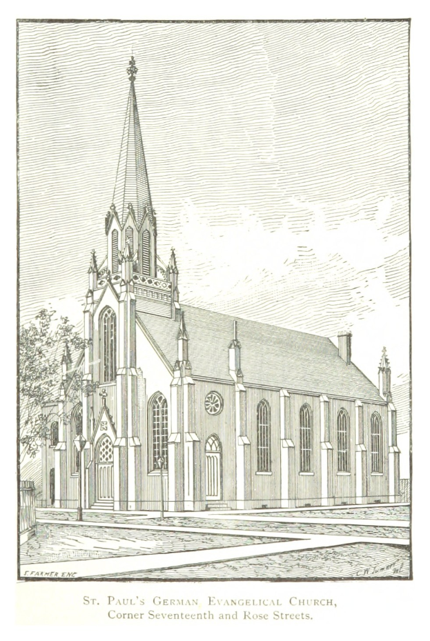 Eine Zeichnung der deutsch-evangelischen St. Paulus-Kirche mit einem Baum im Vordergrund und einem klaren blauen Himmel im Hintergrund, mit Text am unteren Rand des Bildes.